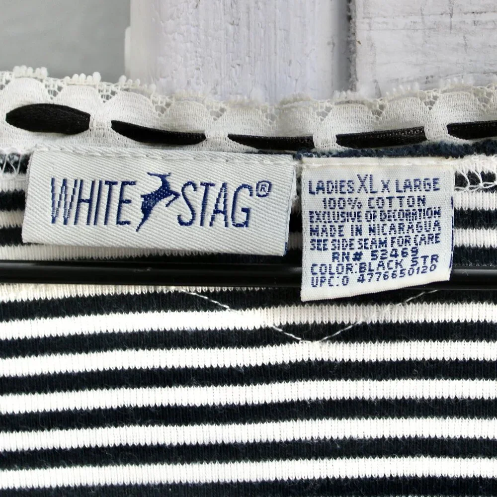 White Stag VTG Preppy Goth Black White Striped Lace Bow 3/4 Sleeve Top​​ Size XL - Picture 3 of 4